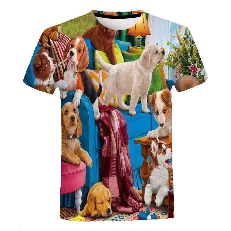 Men's round neck short sleeved T-shirt, casual fun streetwear, printed with cats, dogs and animals