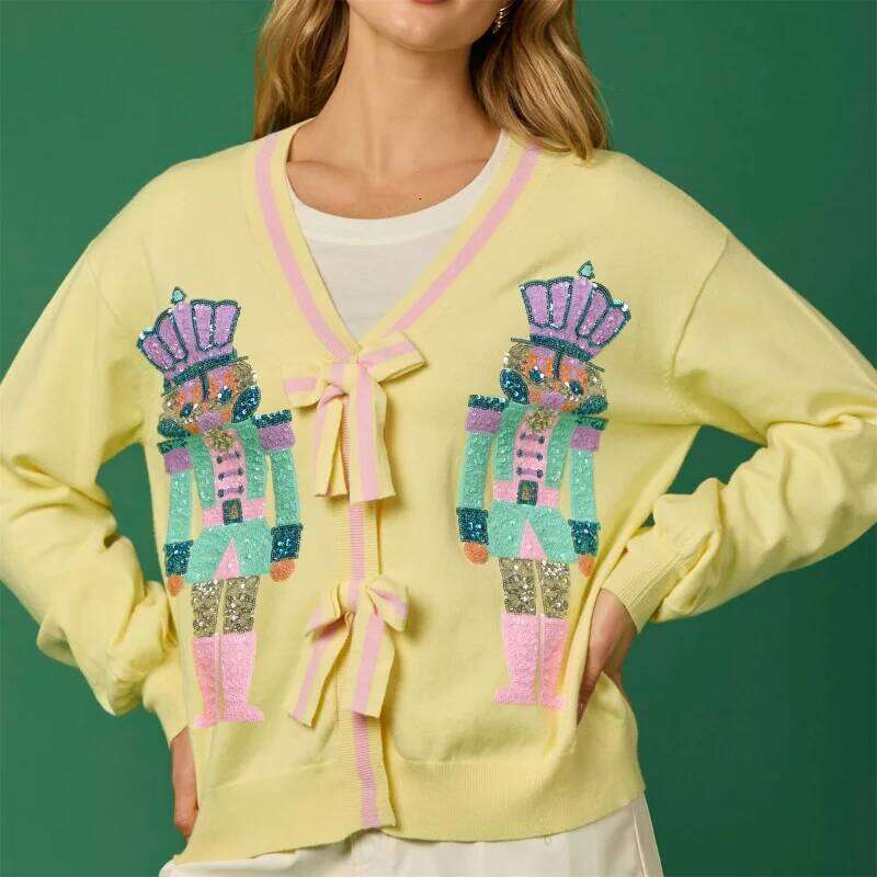 2025 Christmas Cardigan Women Y2k Sweater Glitter Sequin Pattern V Neck Tie Front Long Sleeve Knitted Tops 2000S Streetwear Designer Sweater Women