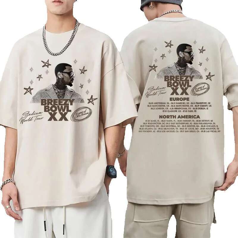 Rap singer Chris Brown Breezy Bowl XX Tour Hip hop men's and women's fashion O-neck oversized cotton T-shirt Ocnnels streetwear