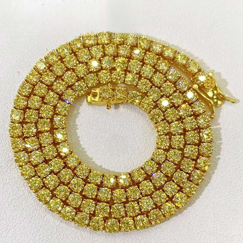Hiphop 3-4mm Golden Yellow Tennis Chain Bracelet S Sier Blue Moissanite Dia k Necklace Gift