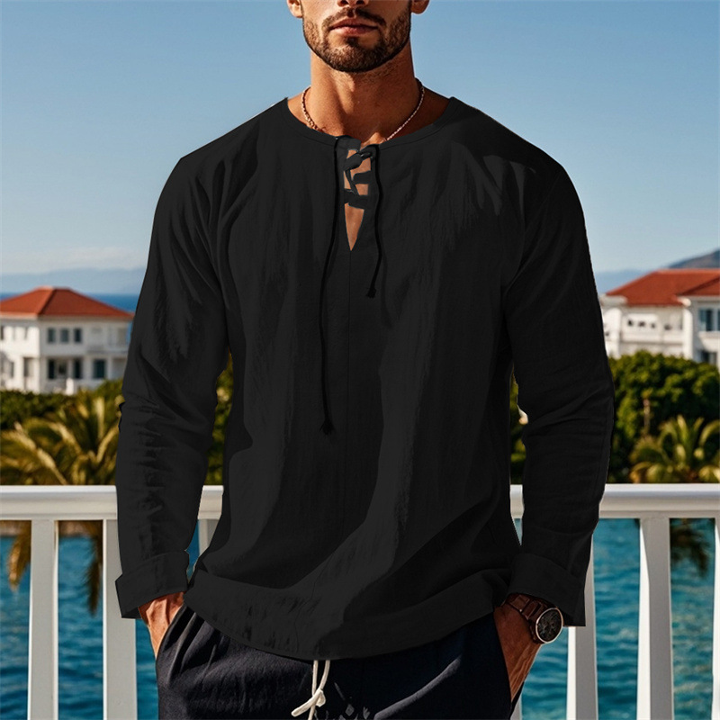 2025 Spring and Autumn New Cotton and Hemp Loose Strap V-neck Long sleeved Shirt Fashion Casual Top Long sleeved T-shirt