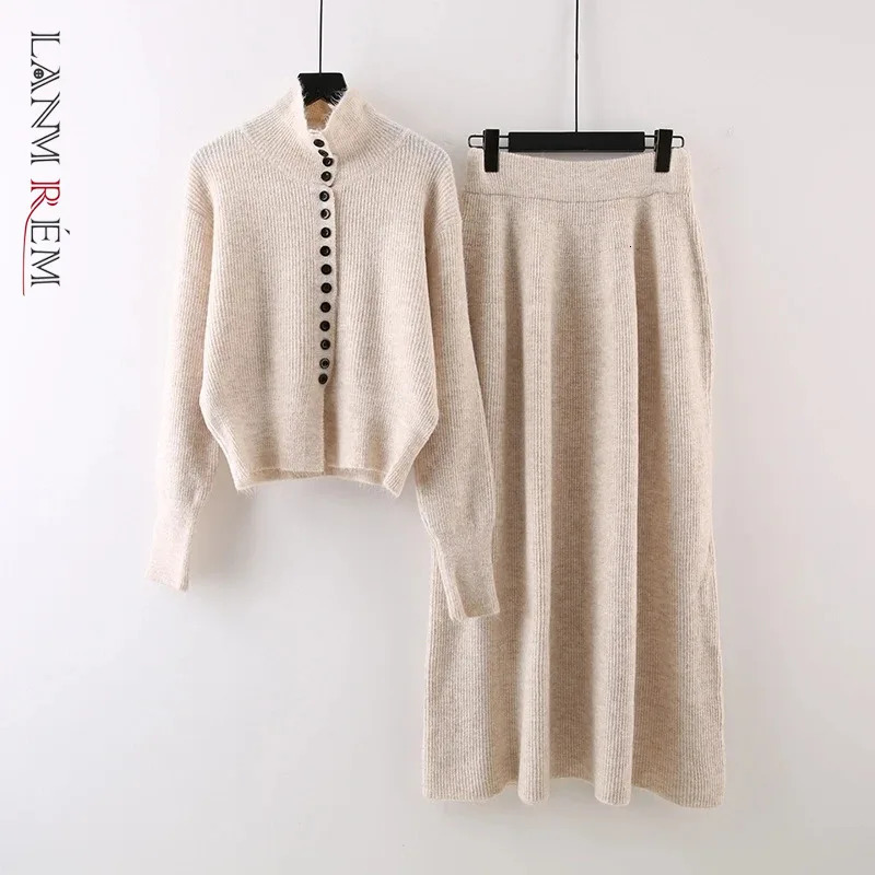 LANMREM Winter Soft Womens Sweater Two Pieces Set SingleBreasted Knitted Top And Elastic Waist Straight Skirt 2DB4274 251110