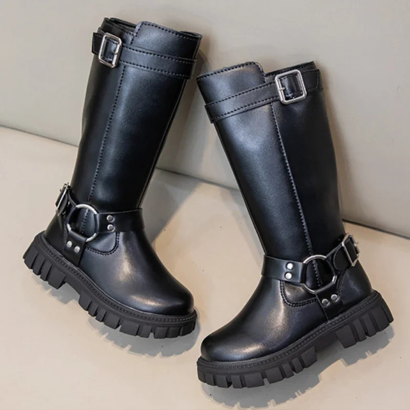 Winter Kids Fashion Boots Black School Girls Catwalk Boots Matte PU Non-slip Children Causal Cotton Boots Long High Versatile 251104