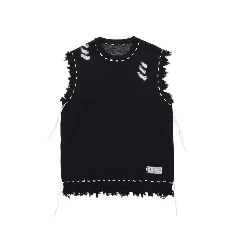 Knitted Sweaters for Men Hippie Sleeveless Man Clothes Vest Torn Icon Waistcoat with Holes Classic Over Fit Knit Aesthetic Meme 250407