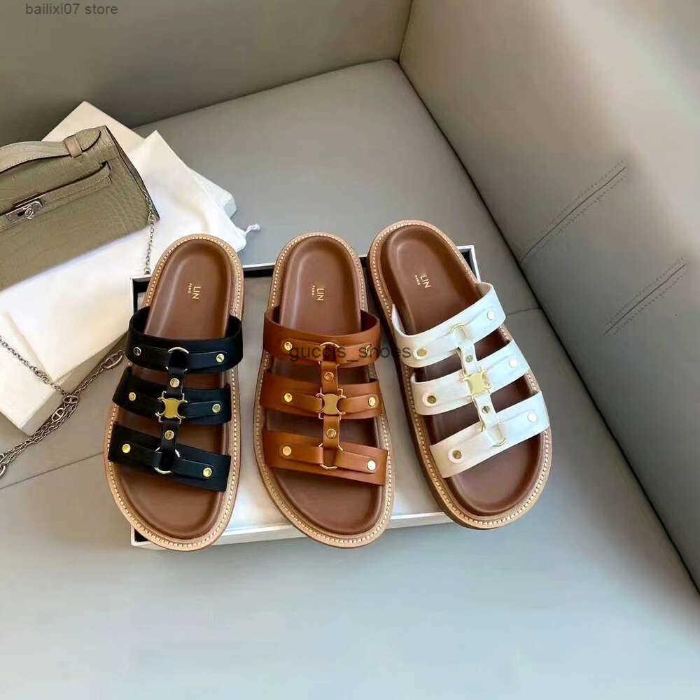 top quality gladiator slippers sandal black brown casual shoes fashion womans leather mules designer sliders flat summer beach pool sli celines celene celeine VMT2