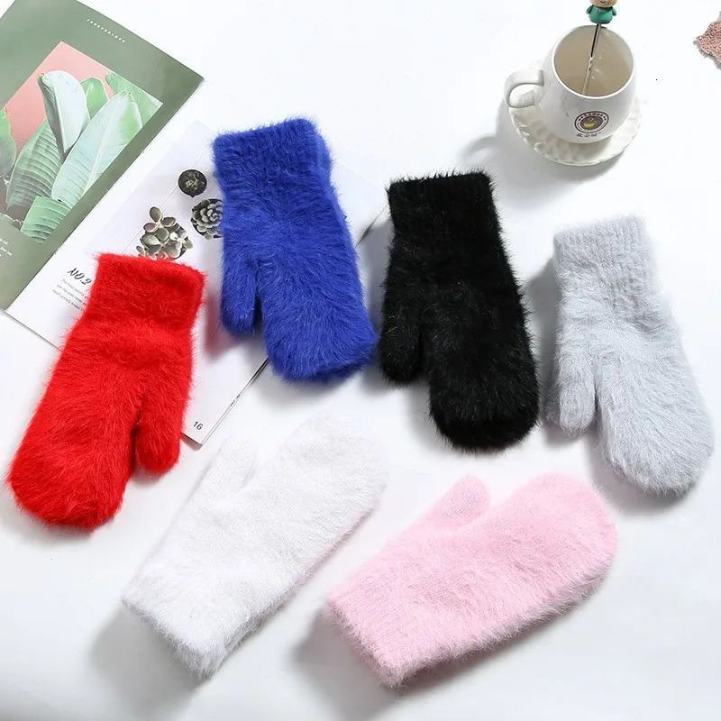 Women Winter Keep Warm Plus Cashmere Velvet Thicken Elasticity Full Fingers Mittens Gloves Rabbit Fur Knitted Wool 251106