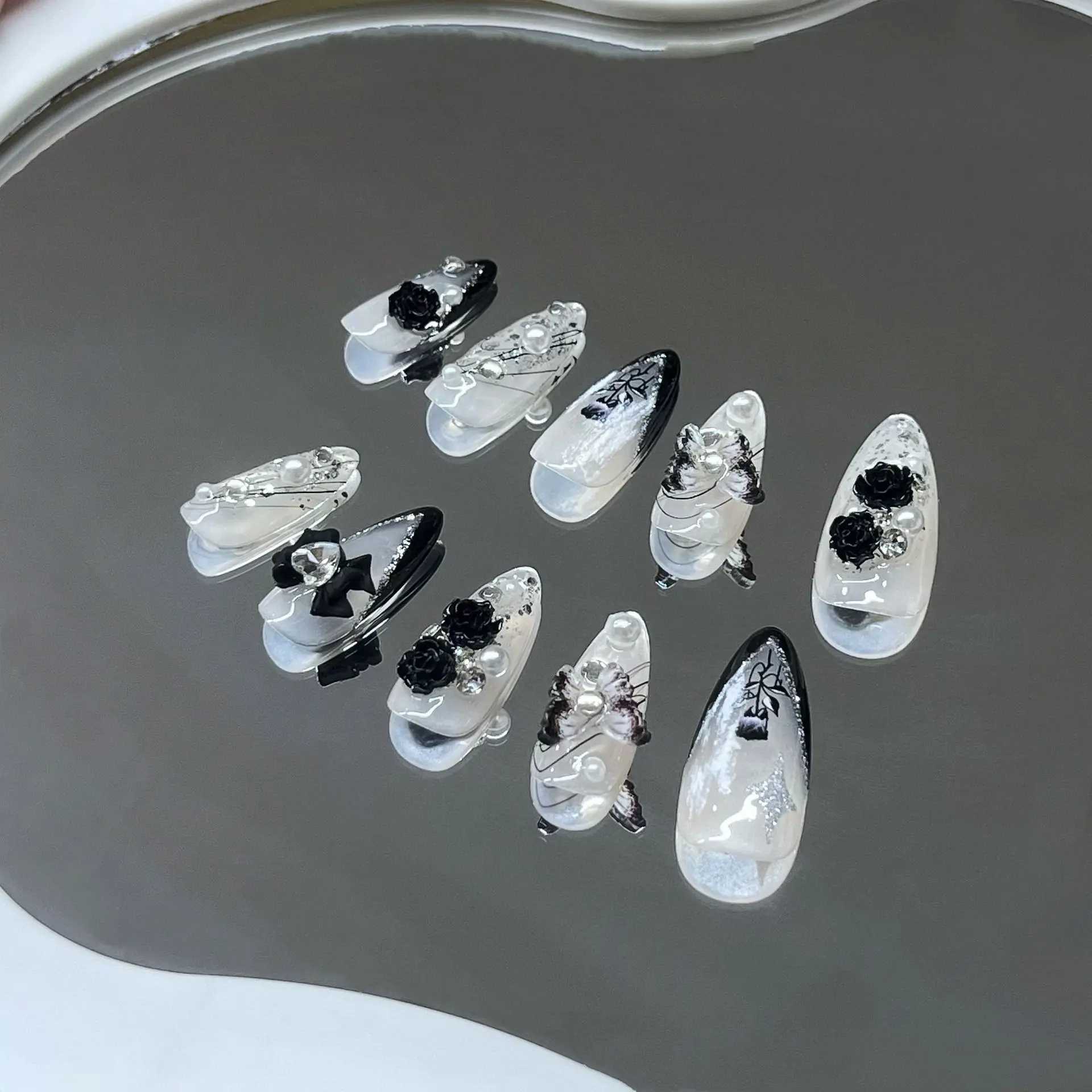 Hand pressed 3D nail black rose fake nail Ins almond fake nail patch ballet dancer nail decoration skills W250410