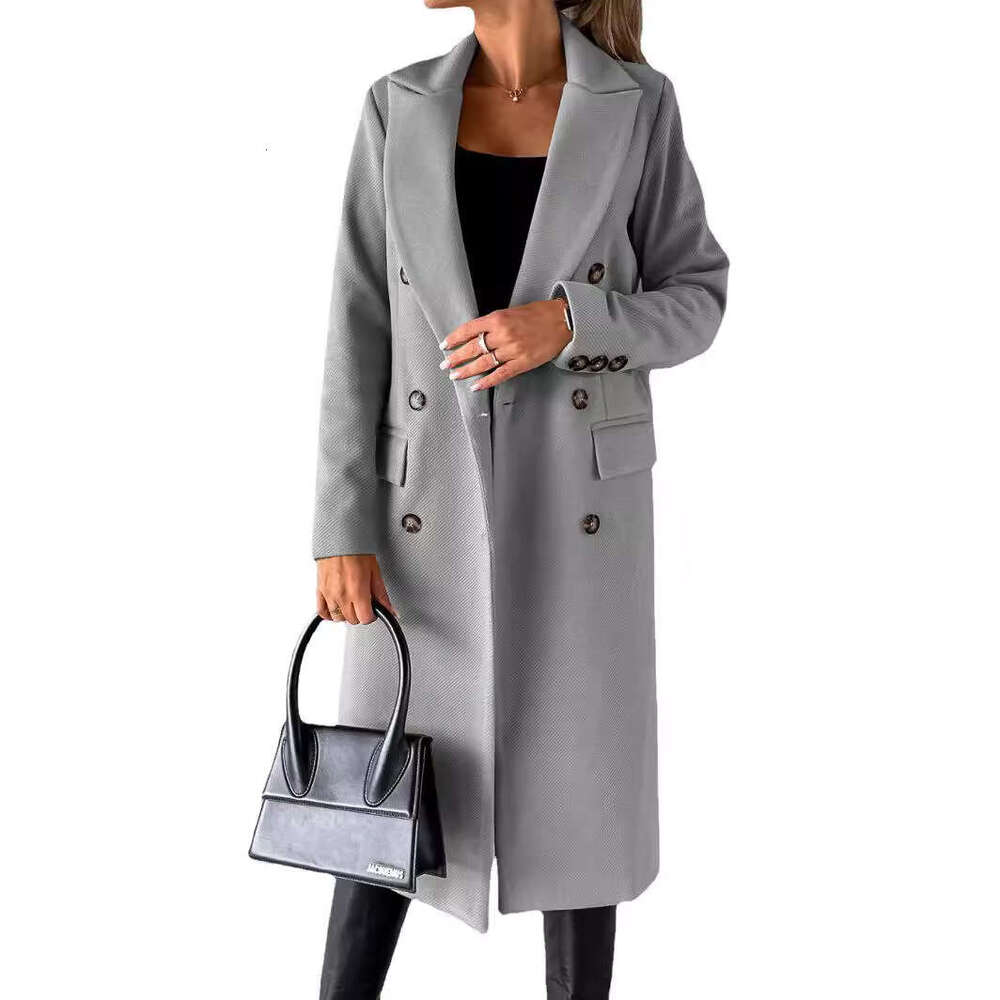Women's Spring 2025 New Amazon Cross-Border Versatile Wool Coat Solid Color Long Sleeve Double-Breasted with Pockets