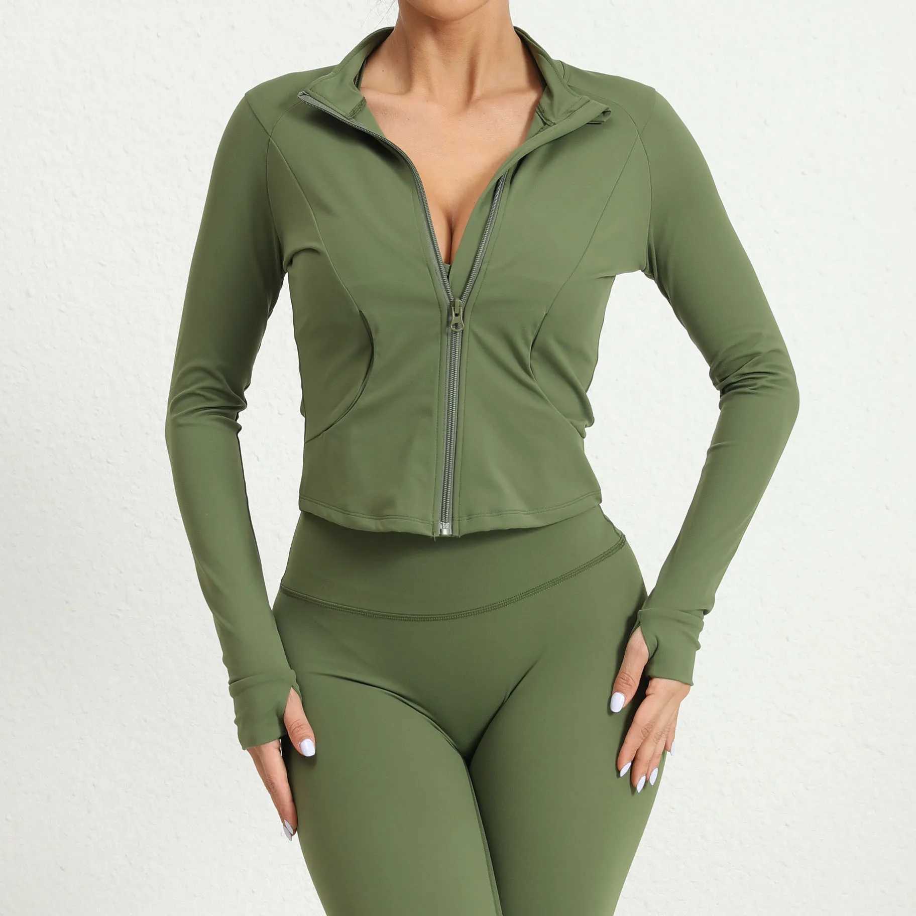 Zipper jacket womens crop top yoga shirt solid sports top slim fit long sleeved running shirt winter warm fitness gym sportswearXJ250410