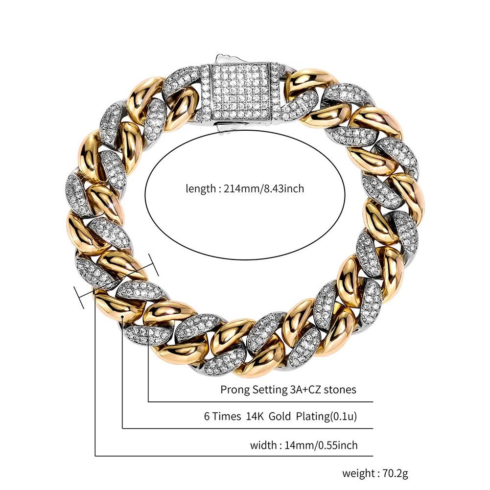 TOPGRILLZ 9/14MM Cuban Chain Bracelet With Gold Silver Color Spring Clasp Bling Iced Out CZ Jewelry Gift For Men Women 250408