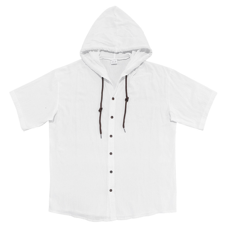 Mens cotton and linen casual short sleeved hooded shirt with fashionable buttons beach T-shirt