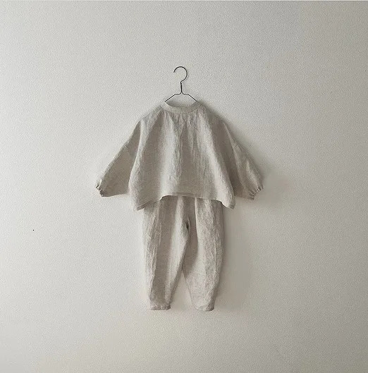 Childrens clothing set autumn cotton linen casual T-shirt and loose casual pants unisex fashion two-piece set 250409