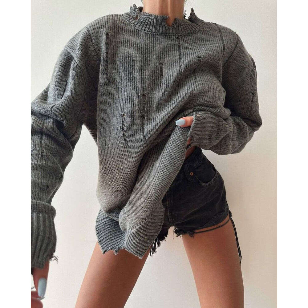 2024 European and American early autumn new loose fitting pullover top women's hand worn round neck sweater