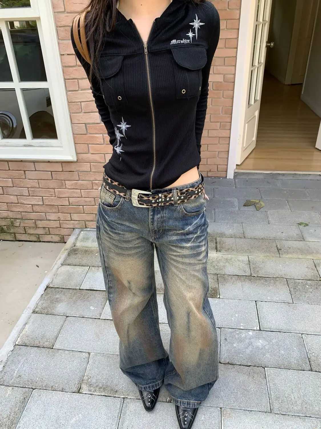 Retro Punk Goth Washed Jeans Women Y2K Streetwear Distressed Dirty Dyed Harajuku Street Loose Casual Straight Wide Leg Jeans C251110