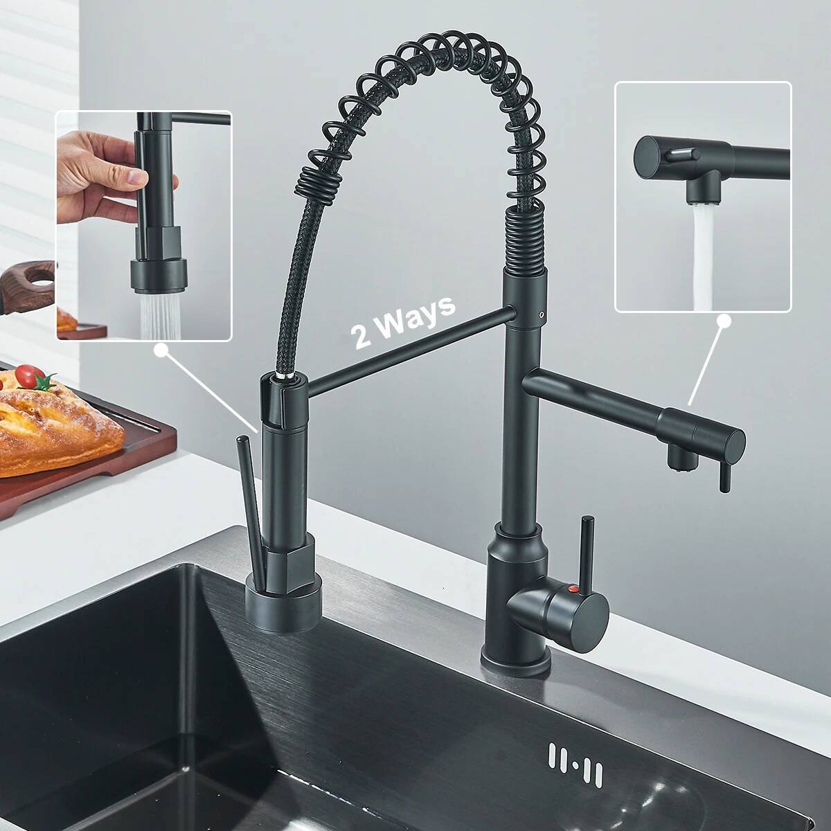 Pull Down Faucet Dual Spout Rotation Hot And Cold Water Mixer Tap Single Handle Deck Mounted Kitchen Sink Crane
