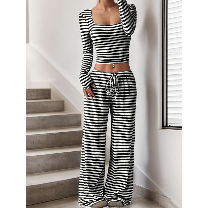 New Autumn and Winter High Quality Cross-Border Style Foreign Trade Women's Casual Loose Striped Knitted Suit for Women