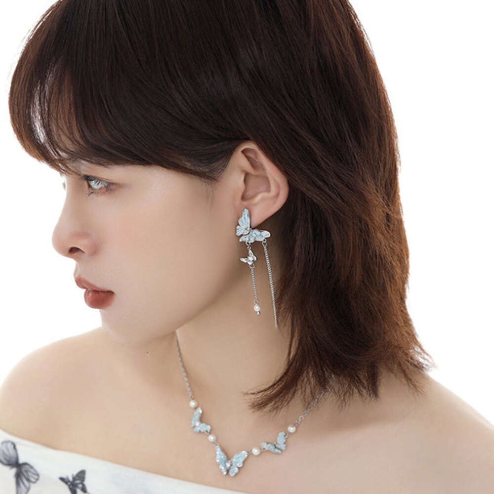 Original Long Tassel Blue Butterfly Earrings for Women, Light Luxury Fashion, High-end Feel, Gentle Temperament, 925 Silver Needle Ear Jewelry