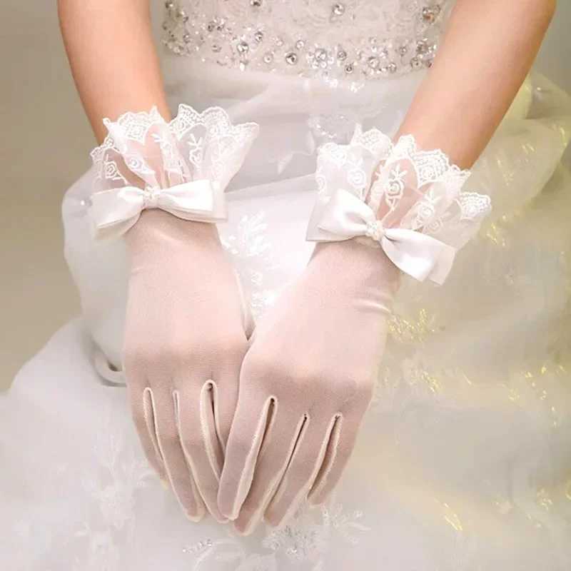 Ivory Short Fingerless Tulle Bridal Gloves with Pearl Accent Lace Cuff Perfect for Summer Weddings L251110