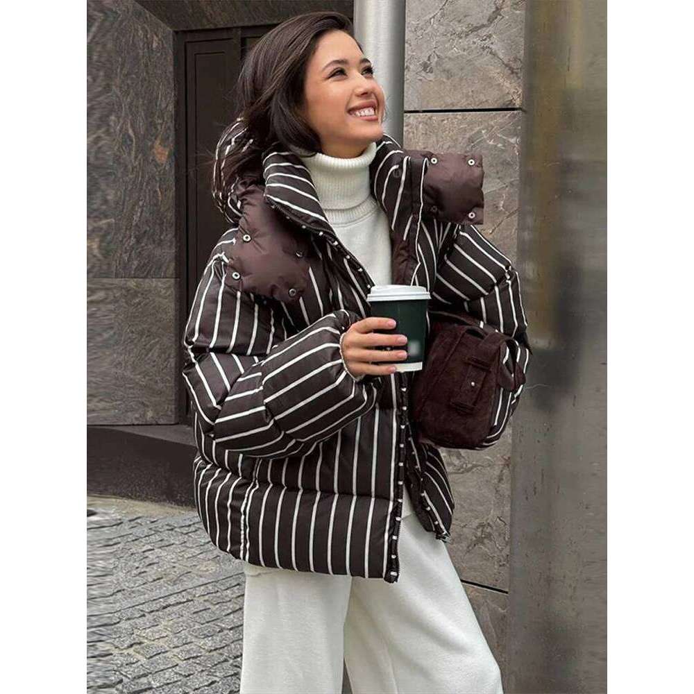 Striped Women's Winter Quilted Jacket Hooded Thicken Single Breasted Long Sleeve New Casual Female Coat Chic Loose Outwear