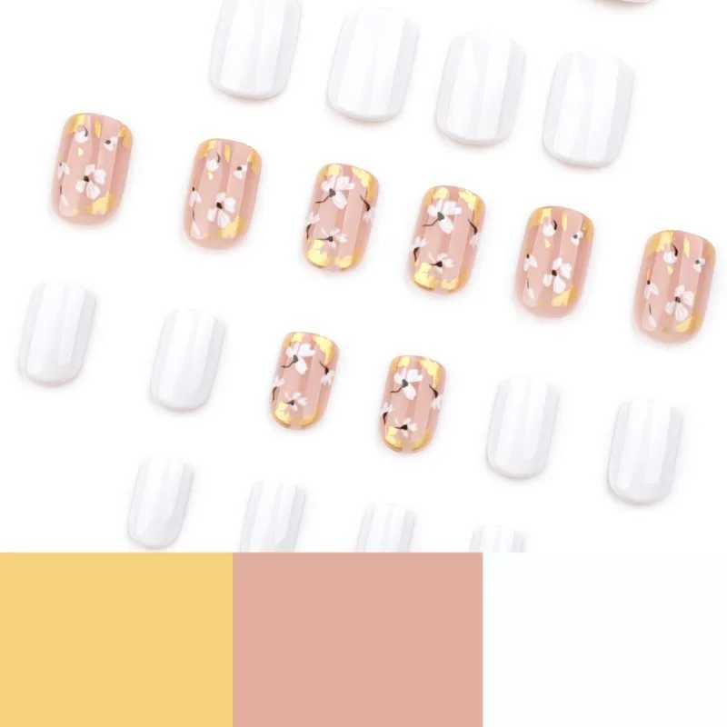 24Pcs Short Square White Floral False Acrylic Nails Elegant Trendy Wearable Nail Tips with Gold Foil for Women Girls Daily Wear W250410