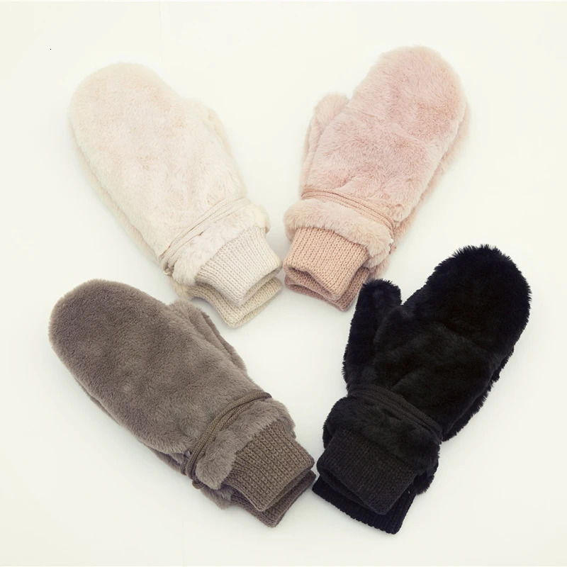 Fashion Solid Winter Glove Warm Dehair Angora Inside Coral Fleece Thick Mittens For Women Female Hanging Rope Gants Femme 251106