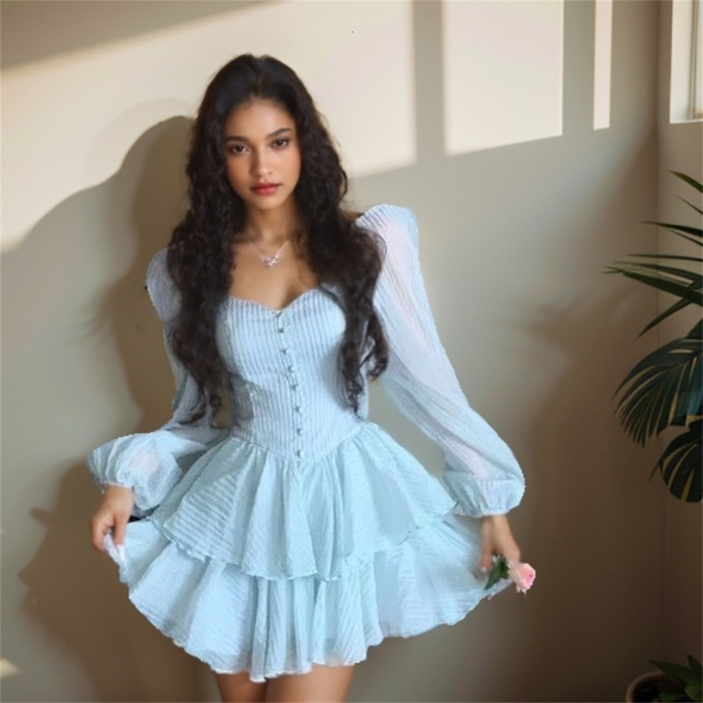 Women's clothing early autumn new product fashion first love solid color bubble sleeves slim fit chiffon dress French cake skirt