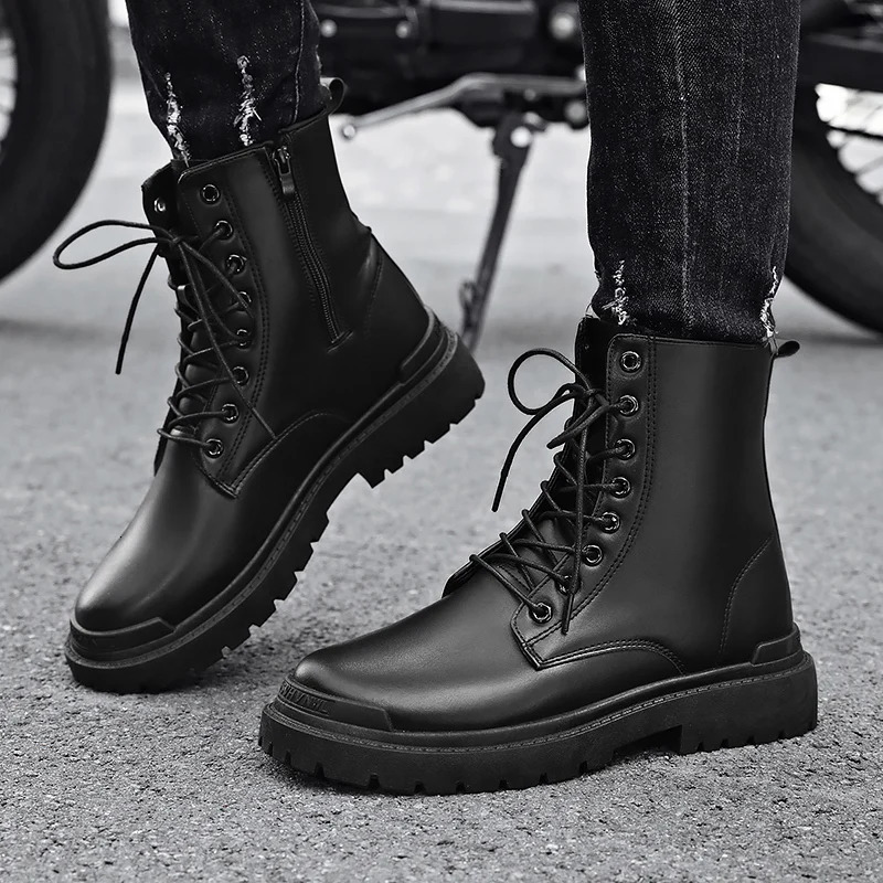 Black Mens Casual Leather Boots Fashion Winter Men Work Boot Mens Shoes Non-slip High Top Ankle Boots Motorcycle Shoes 251107