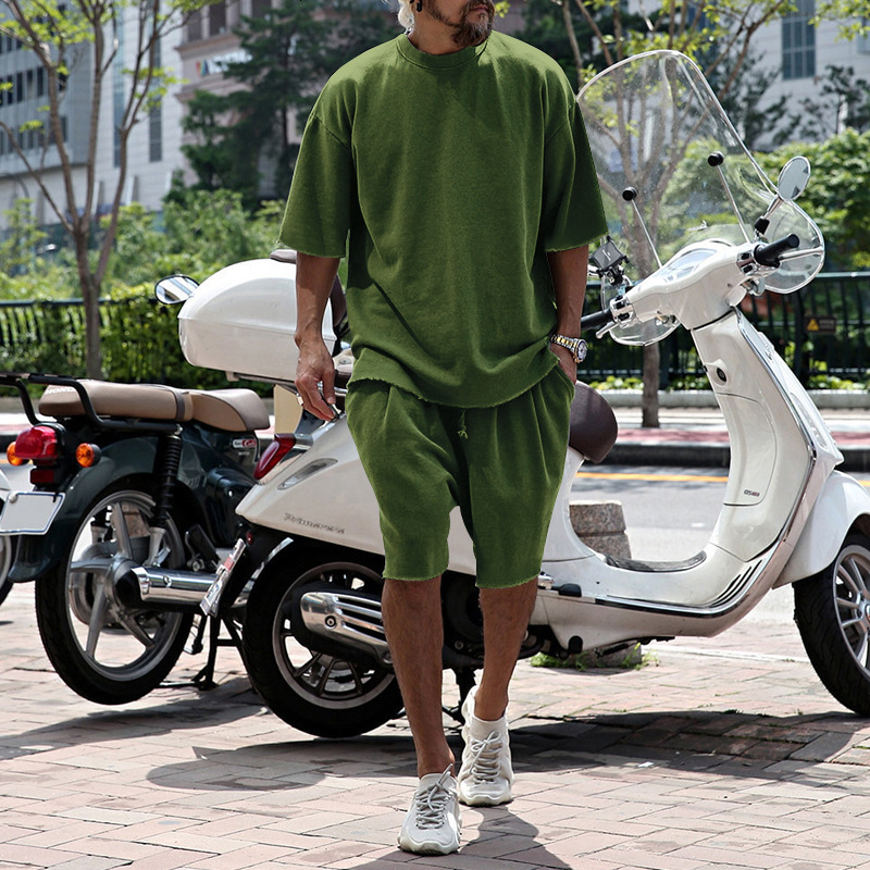 2025 summer sports vintage suit mens t-shirt casual loose short sleeved shorts set