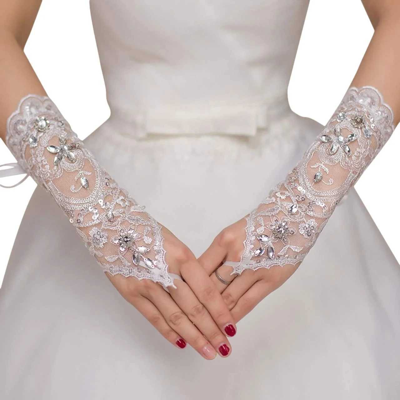 Elegant Women Wedding Lace Gloves Bridal Fingerless Crystal Sequins White Hook Finger Drawstring Gloves Marriage Accessories L251110
