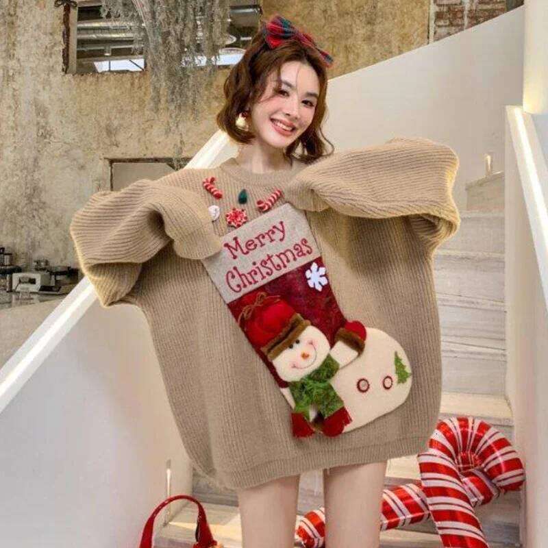 Women's Christmas Red Sweater Cartoon Knitted Festive Pullovers Warm Winter Soft Korean Fashion Slouchy Girls New Designer Sweater Women