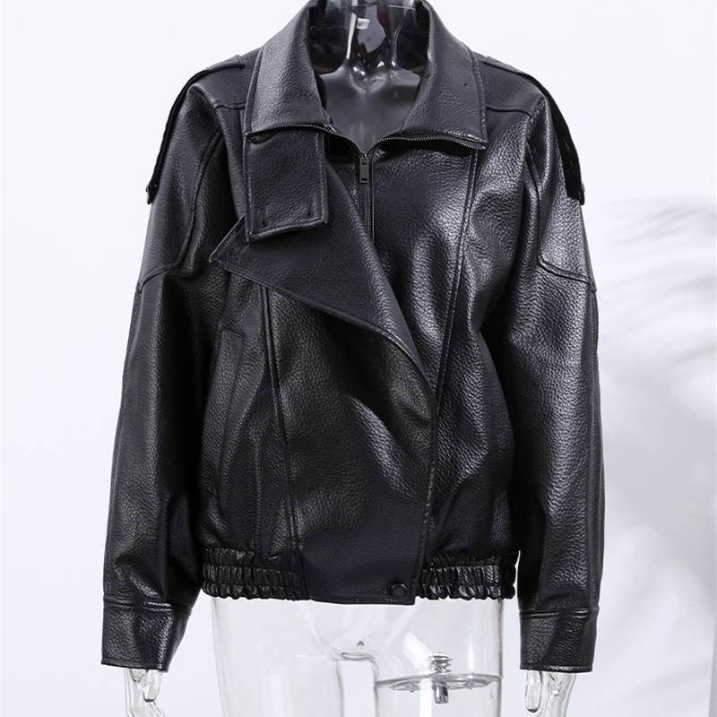 Street Stand Collar Womens Leather Jacket Loose Long Sleeve Zipper Pockets Chic Female Coats Autumn Winter Lady Outerwear 251105