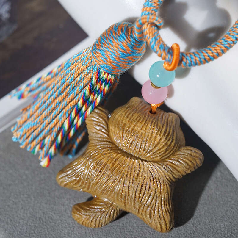 Sandalwood Carved Lying Cat Cute Pet Pendant Phone Chain Bag Tassel Wooden Ornament