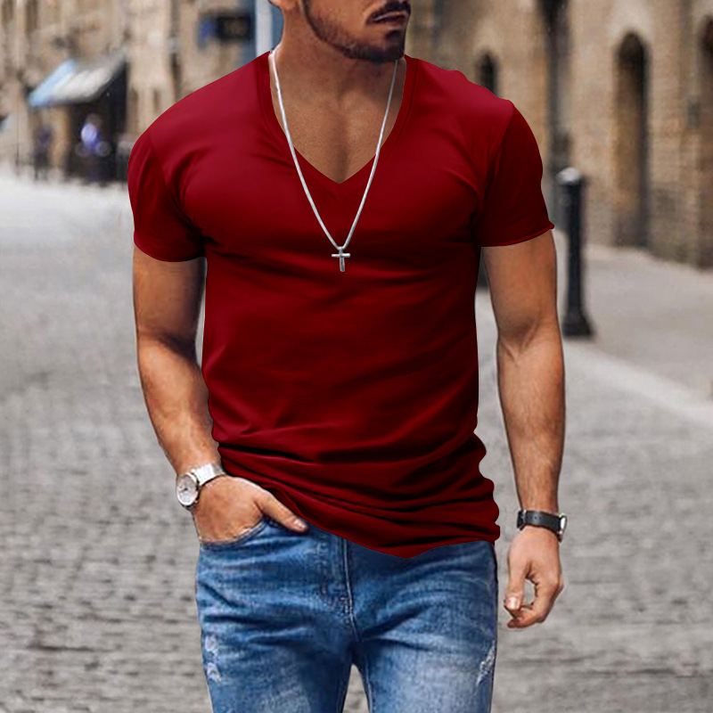 Mens summer mens V-neck solid color slim fit casual short sleeved top