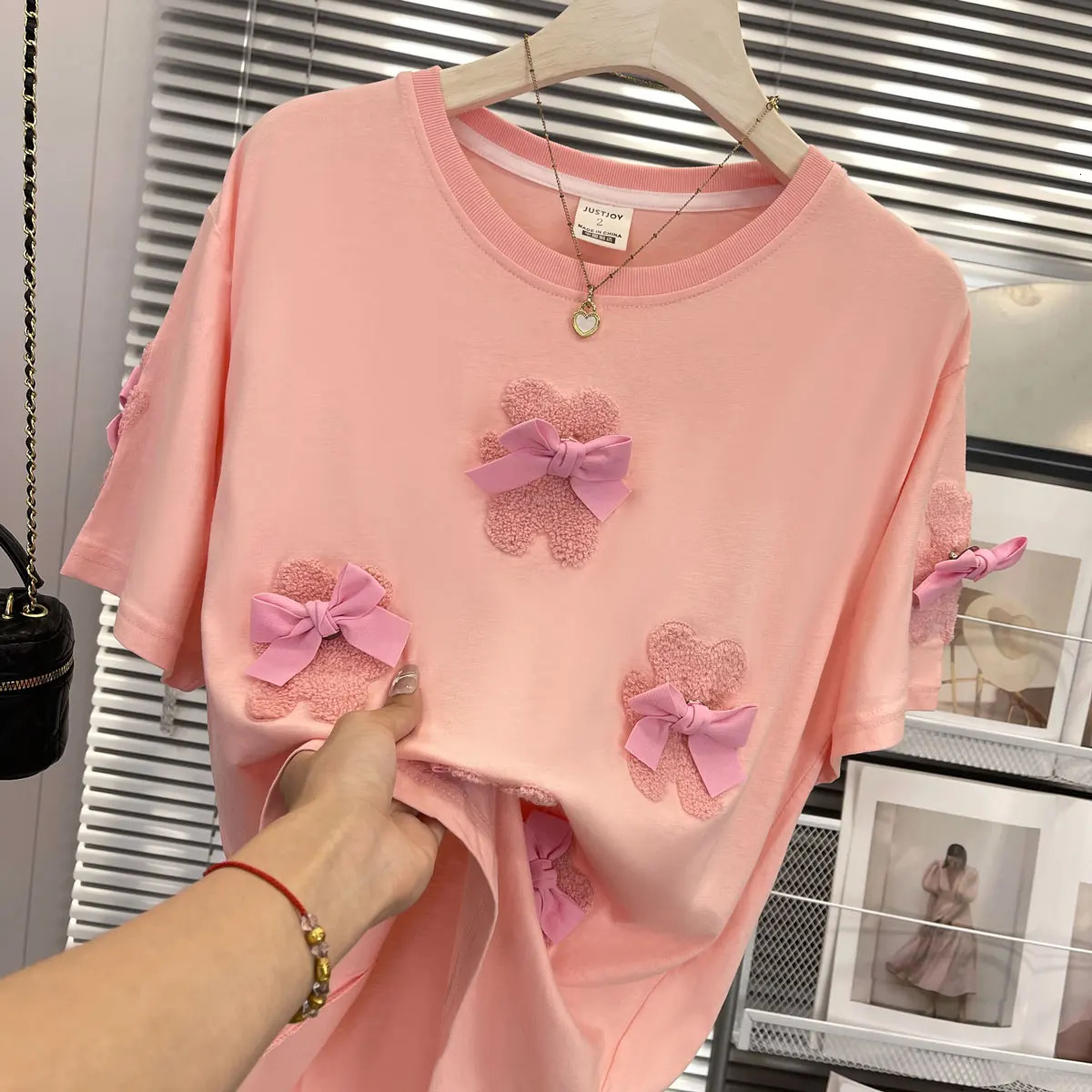 Little Bear Embroidery Y2k 3D Bow Womens Plus Size T-shirt Korean Sweet Kawaii Cute Tee Summer Fashion Harajuku Top 250409