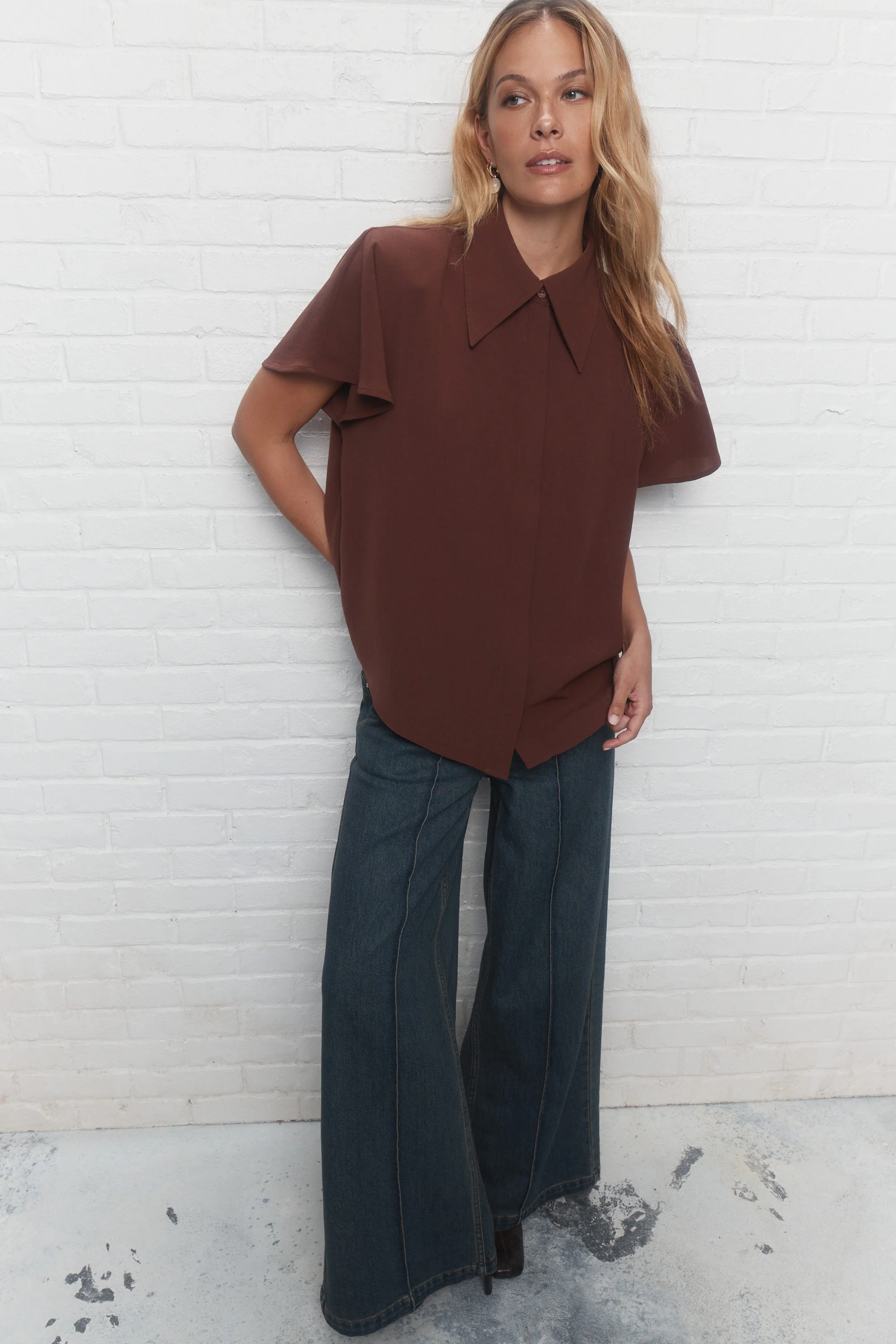 Women's Brown Oversized Collar Loose Fit Shirt, Short Sleeve Hidden Button Rounded Hem Blouse