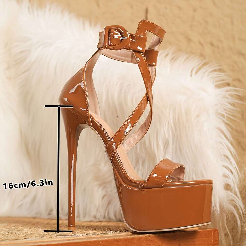 Women's Brown Open Toe Sandals With Ankle Strap, 16Cm High On Glossy Faux Cover Platform - Elegant Party & Fashion Shoes, Stiletto Heels