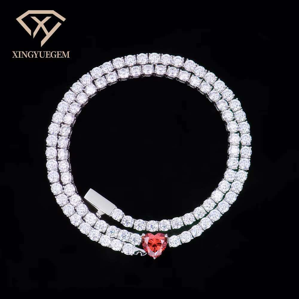 Custom Hiphop Silver 925 Jewelry 4mm Diamond Mossanite Moissanite Tennis Chain Necklace With Pigeon Blood Heart Pendant for Gift