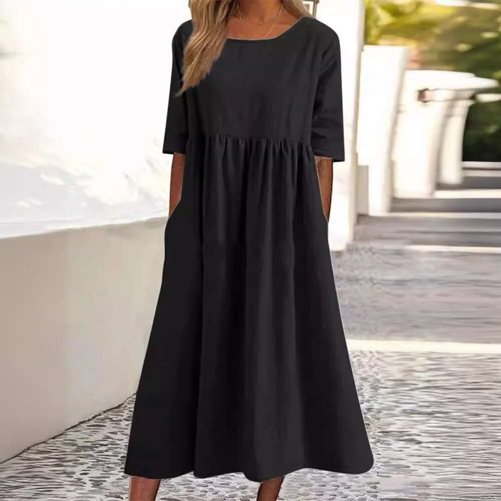 2025 Summer Amazon Independent Station New Cotton Linen Casual Short Sleeve Pocket Ruched Loose Round Neck Dress
