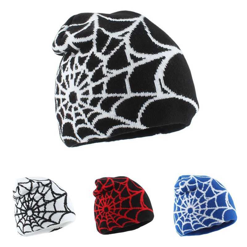 Fashion Hip Hop Cap Streetwear Punk Winter Knitted Hat Unisex Spider Web Jacquard Weave Warm Beanies For Men WomenXJ251110