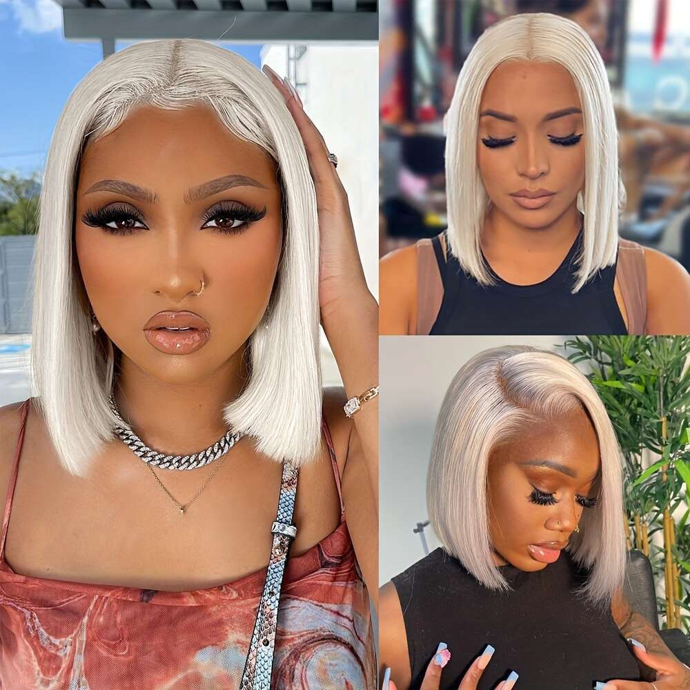 Platinum Ice Blonde Short Bob 100% Human Front Wig Pre Plucked Straight Pixie Cut High Density Elsa White Color Brazilian Remy Hair Lace Frontal Wigs 
