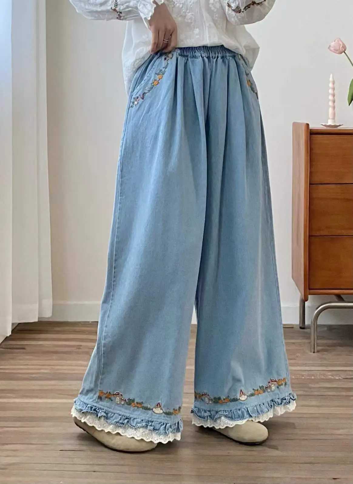 New 2025 Fall Cotton Denim Trousers Women Elastic Waist Embroidery Ruffles Mori Girl French Retro Chic Wide Leg Jeans B59422CC C251110