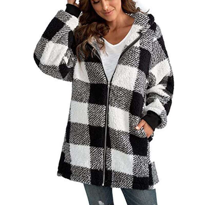 European and American Style Plush Women's 2024 New Amazon Long Sleeve Plaid Hooded Zipper Pocket Loose Jacket
