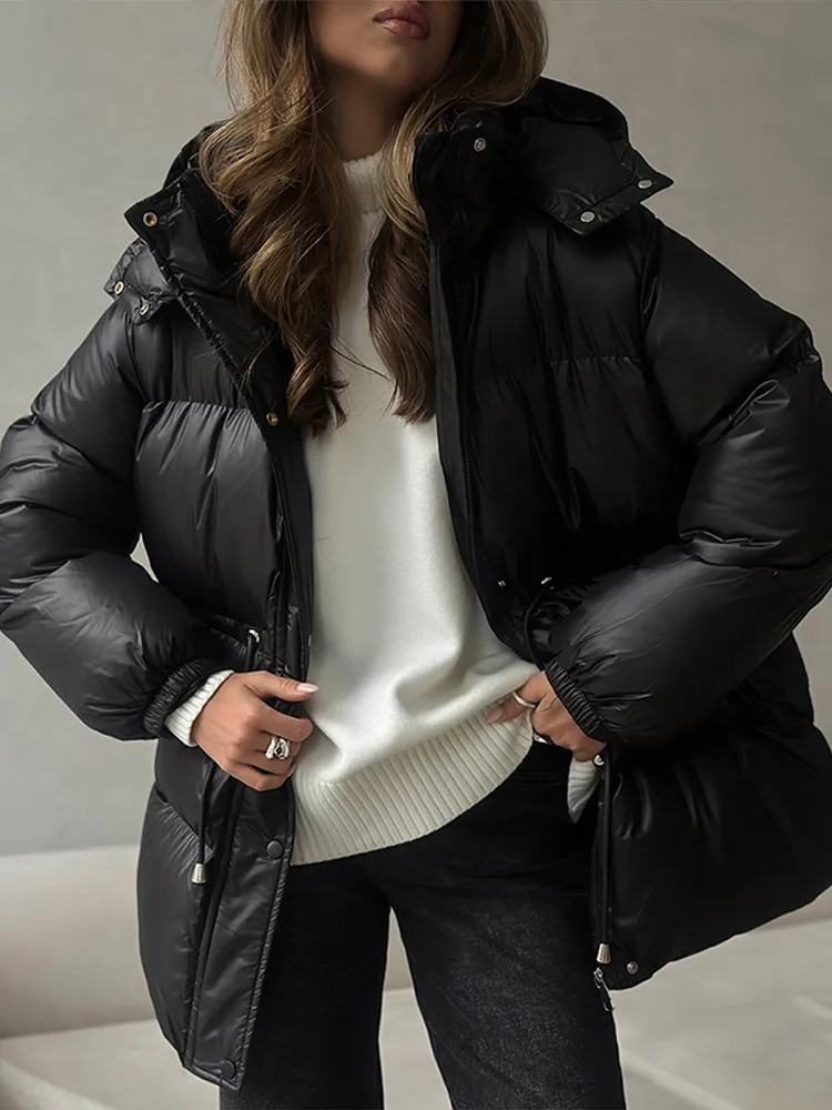 Retro Hooded Drawstring Padded Coat Women Fashion Casual Single Breasted Waist-cinching Cotton Coats Lady Winter Street Outwear 251107