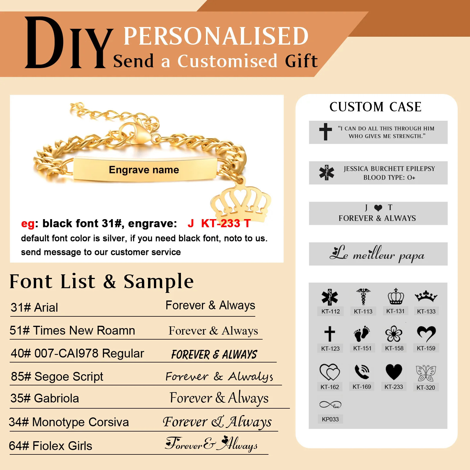 Customized Name ID Bracelet Gold Plated Boy Gift Stainless Steel Curled Chain Link Crown Bracelet Non Allergic 250408