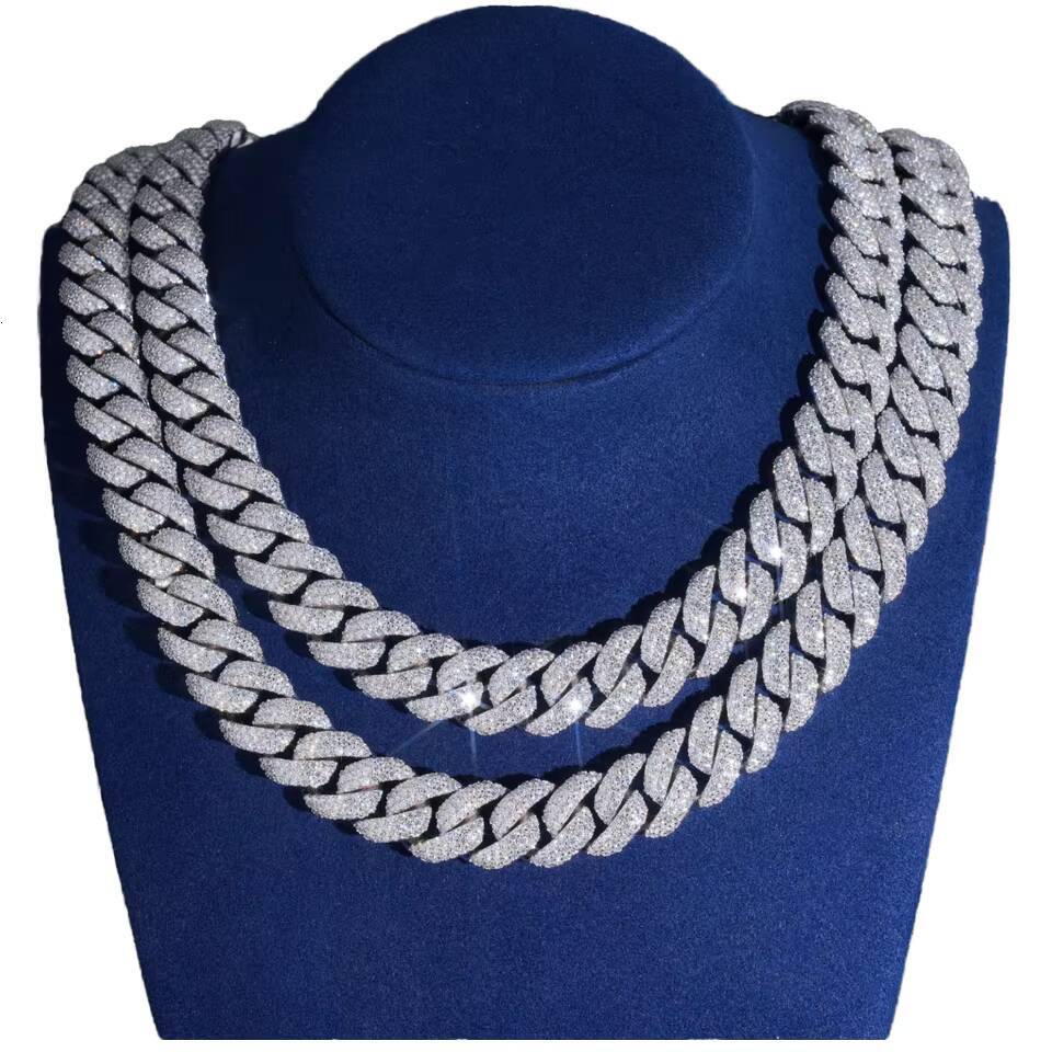 14mm 2-Rows Iced Cuban Link Chain VVS Moissanite Diamond Miami Cuban Bracelet Necklace for Men 925 Silver Jewelry