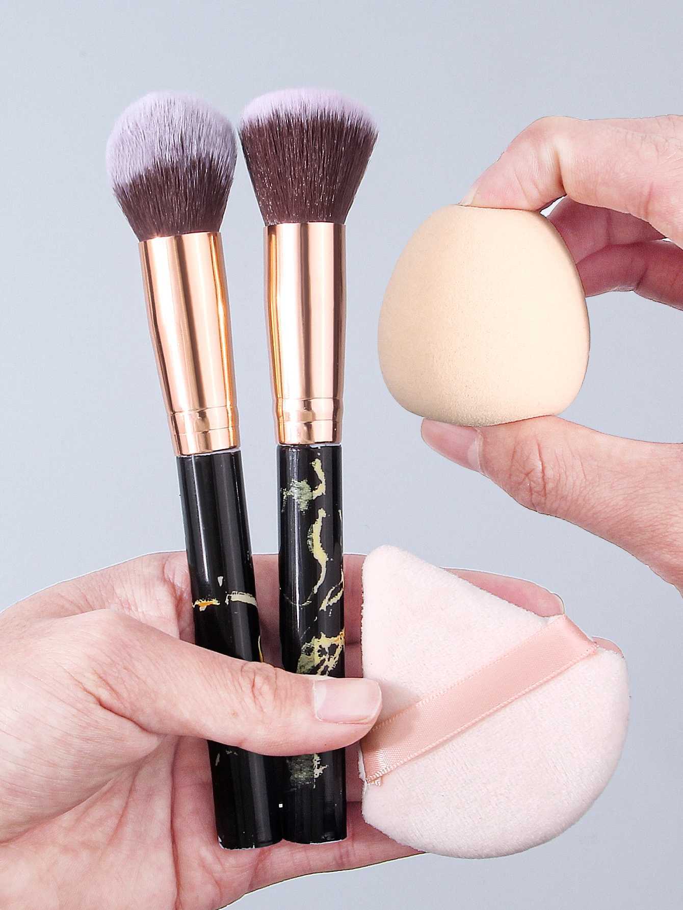 Professional marble-patterned makeup brush set 10 synthetic fiber makeup brushes4 makeup sponge powder puffsblack storage bag L251110