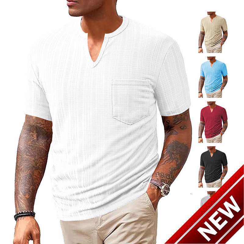 2025 collar mens summer fashion short sleeved Henry style American tough guy solid color T-shirt slim fit top