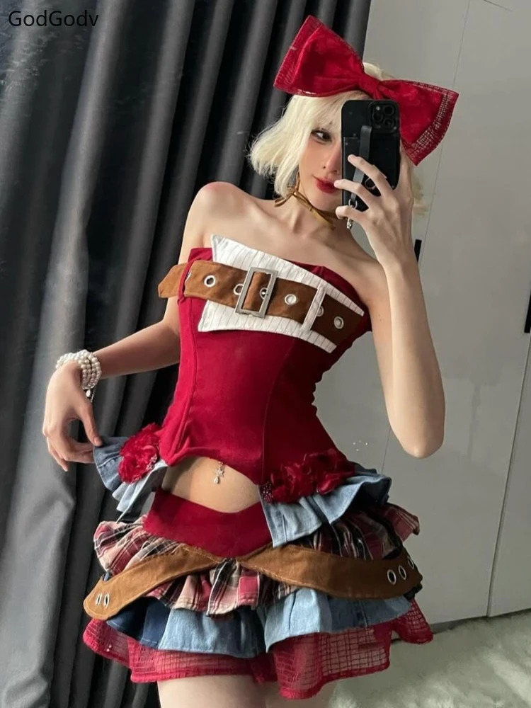 Preppy Style Vintage Red Denim Bustier Tops Sweet Spicy Pure Mini Cake Skirt Women 2 Piece Sets Summer 2025 Korea Style 250409