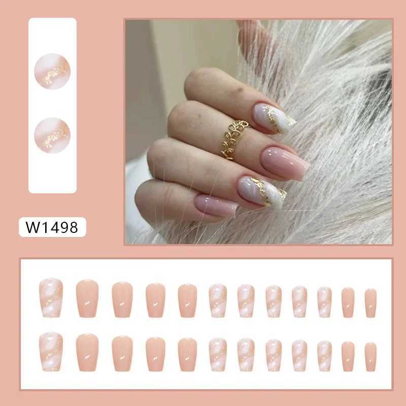 24 pink glitter fake nails with jelly stickers pressed onto the fake nails wearable round head oval full cover nail tips W250410