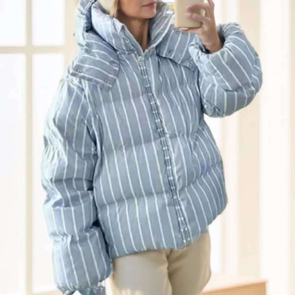 Winter CHIC Women Stand Collar Contrast Color Stripes Parka Coat Removable Hooded Zip Up Full Sleeve Bread Outerwear Coffee